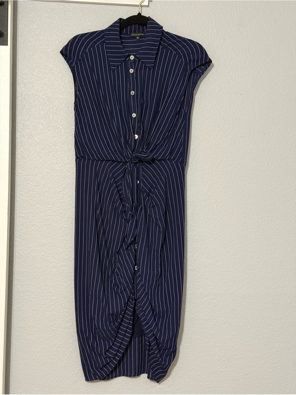 Navy Pinstripe Tie Front Dress - Picture 4 of 6
